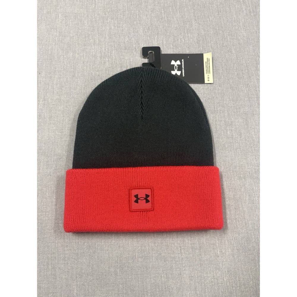 NWT Under Armour Men's UA Halftime Beanie Cuff Knit Black / Red One Size
